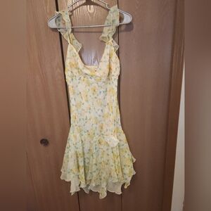 Vtg Y2K City Triangles Yellow Floral Double Lined Midi Ruffle Dress Junior Sz 11